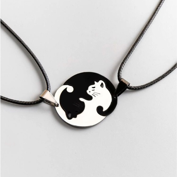 Interlocking Cats Gunmetal & Platinum Stainless Love Puzzle Necklace Set - NWT - Picture 5 of 13